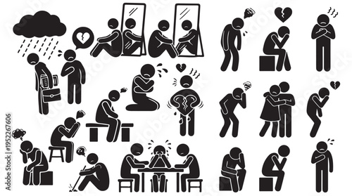 Sad Stick Figures Icon Set Showing Depression, Loneliness, and Emotional Pain and Isolated on White