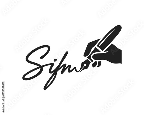 Hand holding pen signing document signature vector illustration.