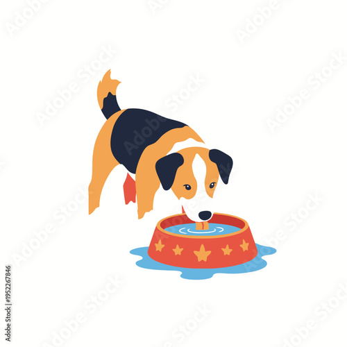 Cute Beagle Dog Drinking Water from a Star Bowl on White Background
