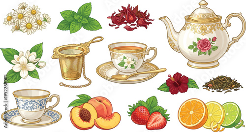 Herbal Tea Ingredients and Vintage Teaware Illustration Set with Teapot, Teacups, Chamomile, Mint, Hibiscus, Citrus, Peach, and Strawberry for Menu and Packaging