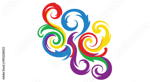 Symmetrical rainbow scroll art with vibrant swirl elements in white backdrop