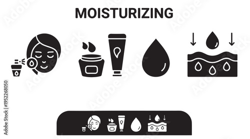 Moisturizing Skincare Icons Set, Face Hydration Process, Beauty Products and Black Vector