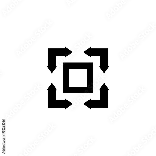 A series of black arrows circulate around a central solid black square forming a dynamic silhouette