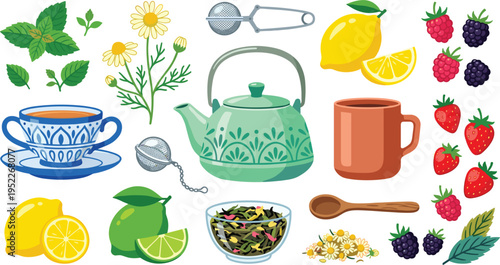 Herbal Tea Set with Teapot, Cups, Chamomile, Mint, Lemon, Lime, and Berries for Natural Wellness, Detox, and Healthy Drink Illustrations