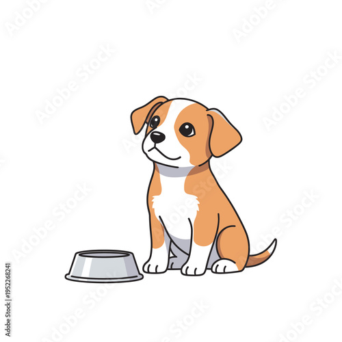 Cute puppy dog sitting next to food bowl, waiting patiently, cartoon style