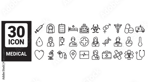 Medical Line Icons Set, 30 Healthcare Symbols Vector Collection Isolated on White Background