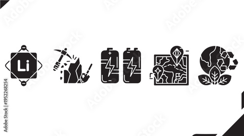 Lithium Battery Production Cycle Glyph Icons Isolated on White Background