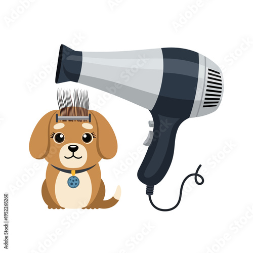 Cute puppy drying hair with blow dryer, funny pet grooming cartoon illustration