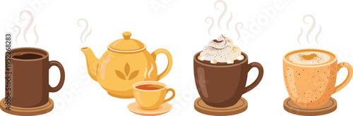 Hot Coffee and Tea Beverage Illustration Set with Black Coffee Mug, Teapot with Cup, Hot Chocolate with Cream, and Cappuccino for Cafe Menu Design