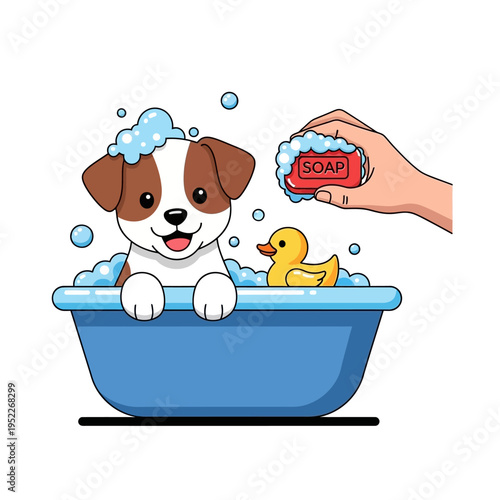 Cute puppy enjoying a bubbly bath with a rubber ducky and soap