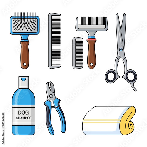 Dog Grooming Tools Set: Brushes, Combs, Scissors, Clippers, Shampoo, Towel