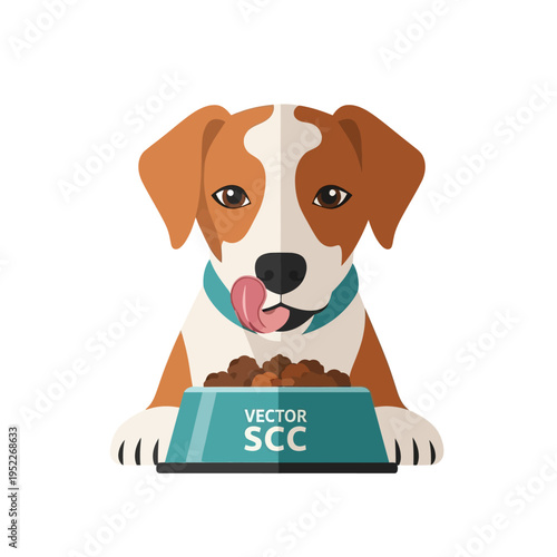 Happy dog eating from bowl, vector illustration