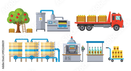 Illustration of an apple juice production process from orchard to bottling