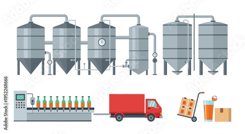 Industrial brewery setup with stainless steel tanks bottling line and delivery