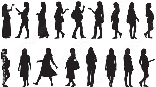 Pregnant Women Silhouettes in Various Poses Isolated on White Background Vector