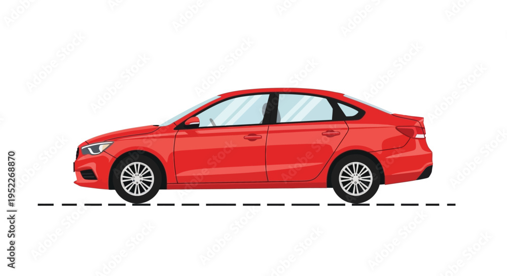 Obraz premium A vibrant red sedan car is digitally illustrated in a side view