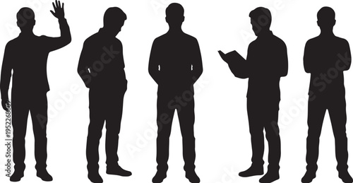 Five Male Silhouettes in Diverse Poses Isolated on White Background Vector