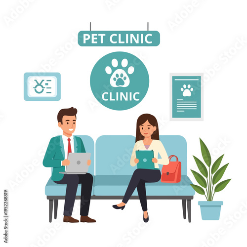 Pet Clinic Waiting Room: People and Pets Health Care Consultation