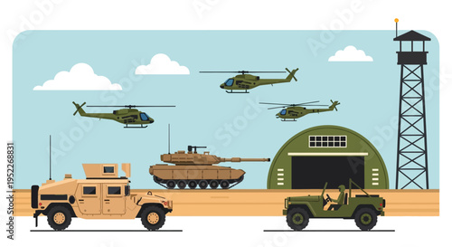 Military vehicles and helicopters in a fortified landscape illustration