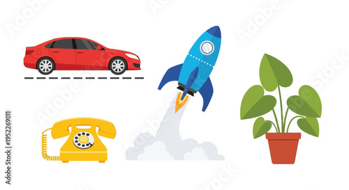 A quirky collection featuring a car rocket plant and vintage telephone