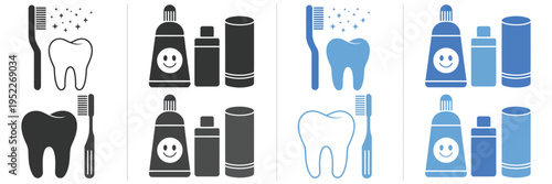 Dental hygiene icon set featuring tooth, toothbrush and toothpaste, oral care and dentist symbols, vector illustration isolated on transparent background for medical, healthcare, and clinic design