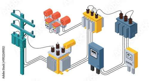 Isometric illustration of electrical power grid components and transformers