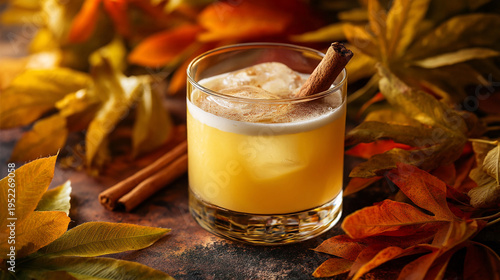 A glass of pumpkin spice drink with cinnamon sticks surrounded by autumn leaves on a table