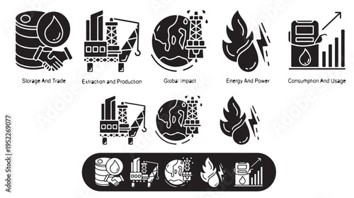 Oil Industry Production and Consumption Flat Glyph Icons Set Isolated on White