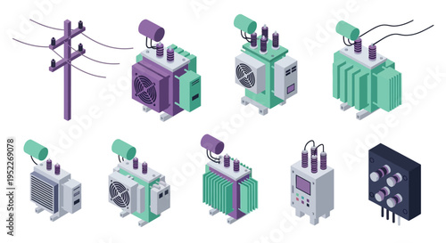 Isometric illustration of electrical substations and power distribution equipment
