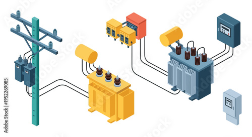Isometric illustration of electrical substations transformers and power lines