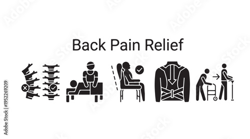Back Pain Relief Glyph Icons Set, illustrating Spinal Health, Posture Correction and and Therapy