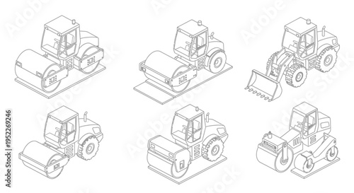 Line drawing of various construction vehicles rollers loaders and graders