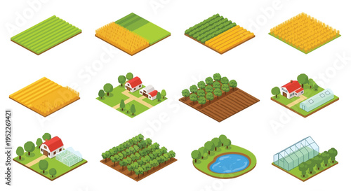 Isometric farmland set featuring various crops houses and a greenhouse