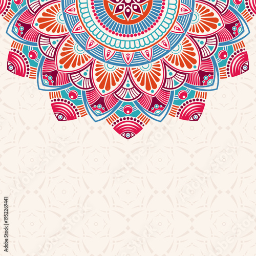 Invitation graphic card with mandala. Vintage decorative elements. Applicable for covers, posters, flyers, cards. Arabic, islam, indian, turkish, chinese, ottoman motifs. Color vector illustration.