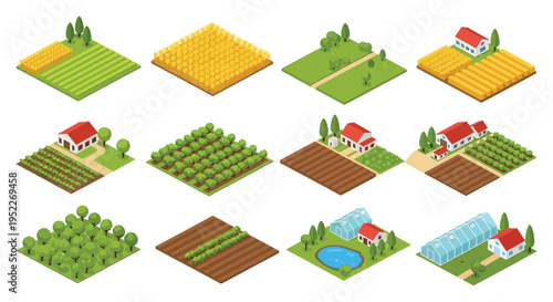 Isometric farmland illustration depicting various agricultural fields and structures