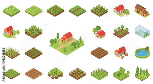 Isometric farm elements houses fields trees and garden structures