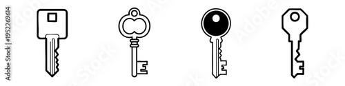 Outline key icons set. Various types of black line art keys for security, access, and lock concepts.