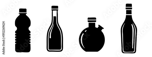 Bottle icons set. Various solid black silhouettes of bottles for drinks, liquids, and containers.