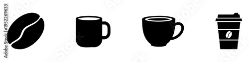 Coffee Bean and Mugs Silhouette Icons Set