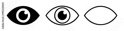 Eye icons set. Solid and outline black symbols representing vision, sight, view, and observation.