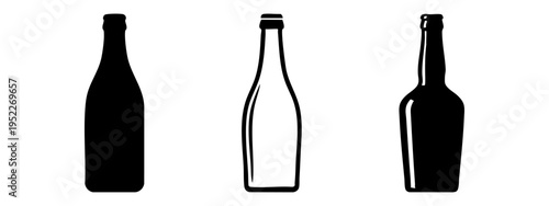 Bottle icons set. Solid and outline black silhouettes of various bottles for liquids and beverages.