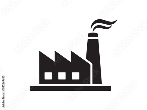 A black and white image of a factory with a smokestack