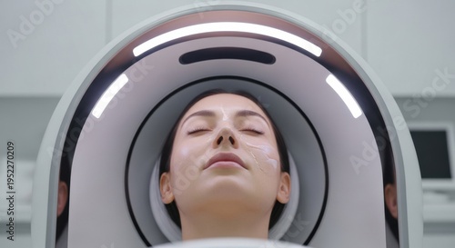 Young woman receiving professional skin analysis in a high-tech facial scanner at a modern aesthetic clinic for personalized skincare treatment.