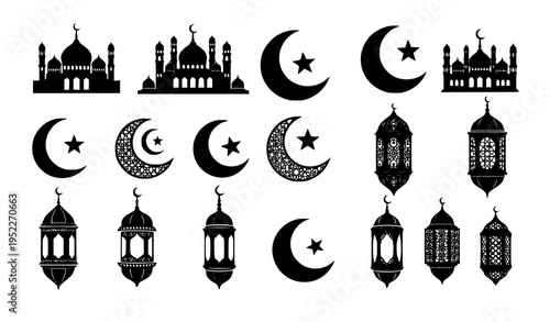 Islamic architecture silhouettes mosque skyline and lantern collection vector illustration