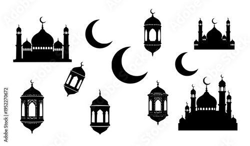 Islamic mosque skyline and lantern silhouette collection Ramadan vector illustration