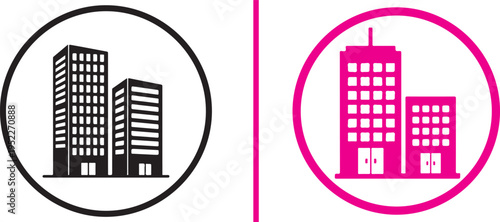 Two circular icons representing urban office buildings. The left is a black-and-white linear design; the right is a vibrant pink silhouette. Modern, minimalist vector graphics for business use.