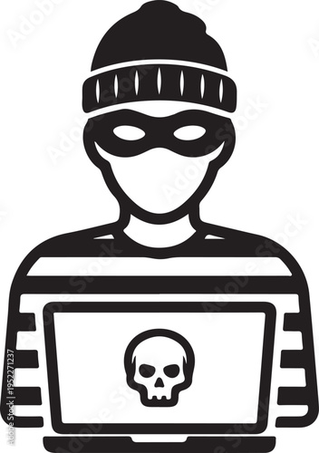 Hacker thief with laptop icon