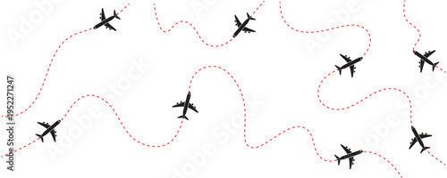 Airplane flying red dotted travel paths. Seamless aviation themed background with airplane icons and dashed line flight paths, representing air travel, global transportation. Vector illustration.