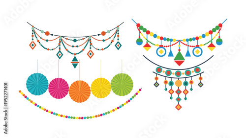 Festive party decorations set with colorful paper fans and hanging bunting garlands