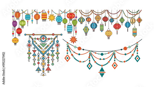 Colorful bohemian style hanging lanterns and festive bunting garlands